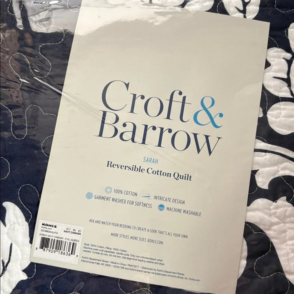 NEW Croft & Barrow Navy White Striped Floral Reversible Quilt Full Queen - Picture 3 of 5